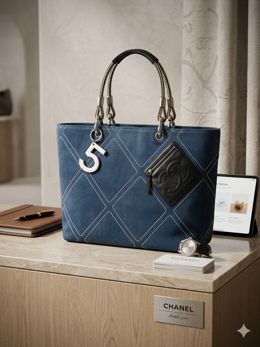 Chanel Navy Blue Tote with Number 5 Charm and Black Leather Pocket